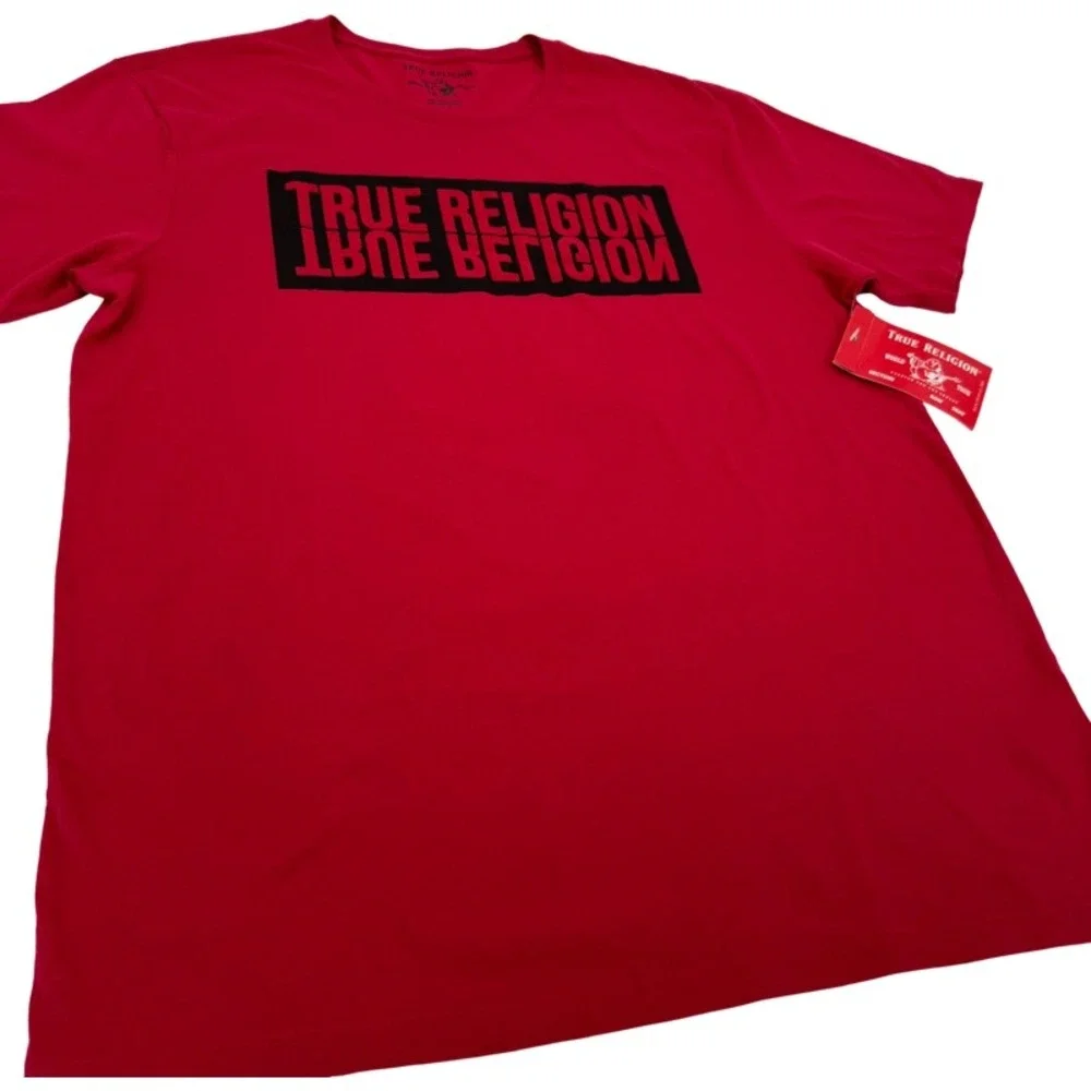 TRUE RELIGION NEW XL T-Shirt Ruby Red SS TR Reflection Tee Flocked Box Felt Logo